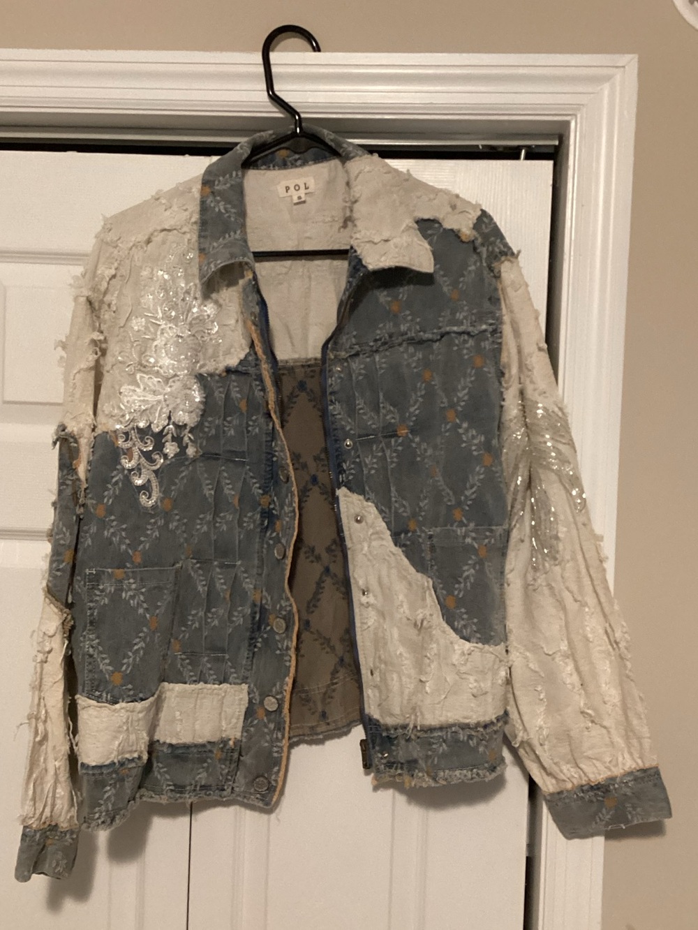 POL Patchwork Quilted Jean Jacket in Blue & Cream